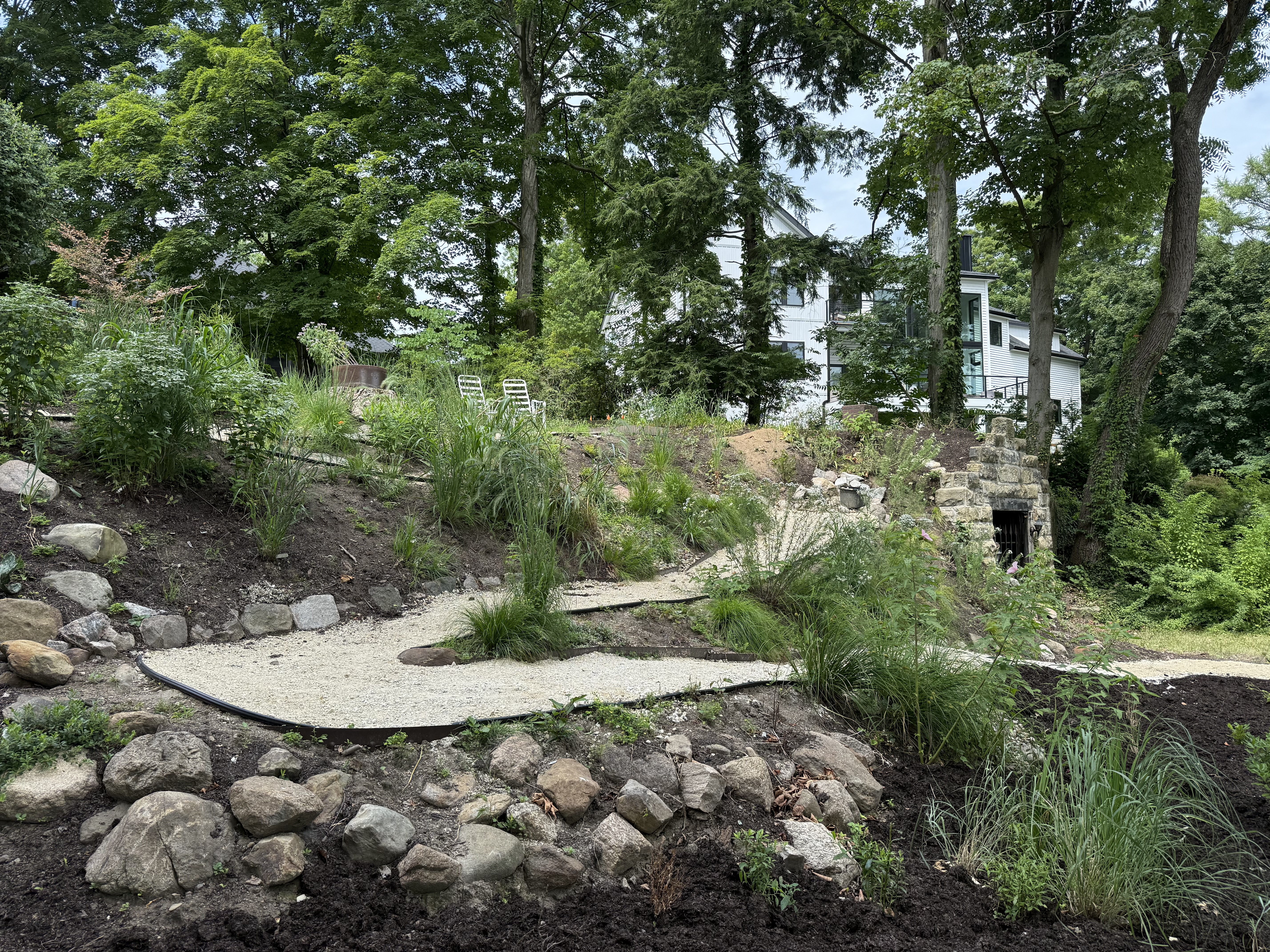 Native hillside path planting with stepping stones and naturalistic plantings, Silver Lake Ohio